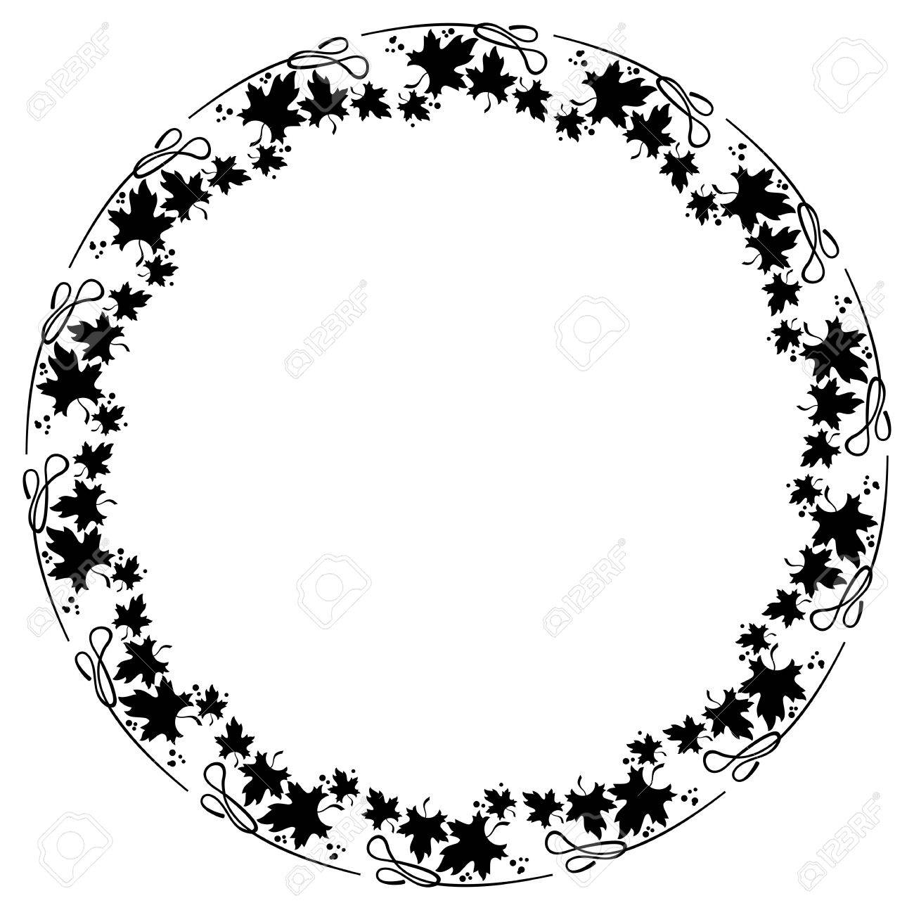 黒と白の装飾的なラウンド フレームとメープルの葉のシルエット ベクター クリップ アート のイラスト素材 ベクタ Image 6786