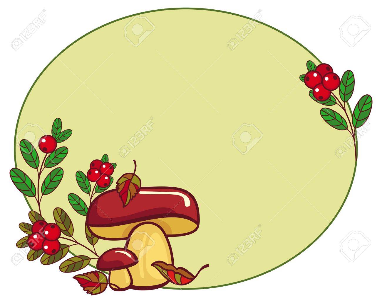 マッシュルームとクランベリーの楕円形のフレーム ベクター クリップ アート のイラスト素材 ベクタ Image