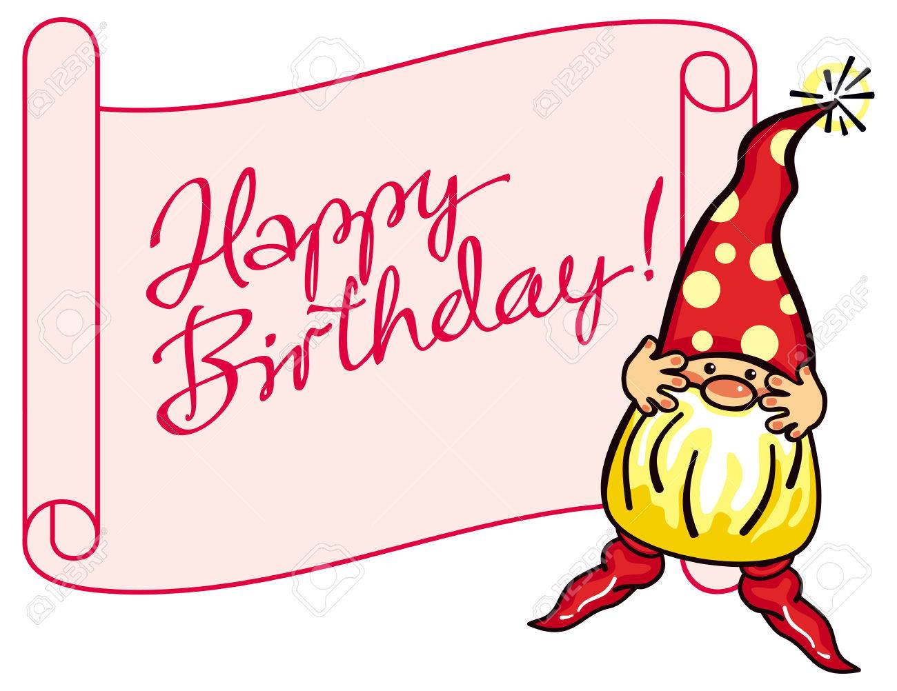 Rouleau Papier Avec Signe Ecrit Artistique Joyeux Anniversaire Et Gnome Mignon En Boucle Longue Rouge Caractere Enchanteur De Conte De Fees Pour Decorations Cartes De Voeux Livres Pour Enfants Et Autres Uvres