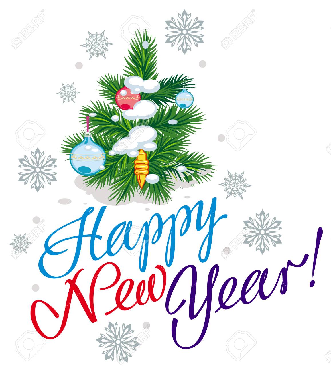 holiday banner with christmas tree and artistic written text happy