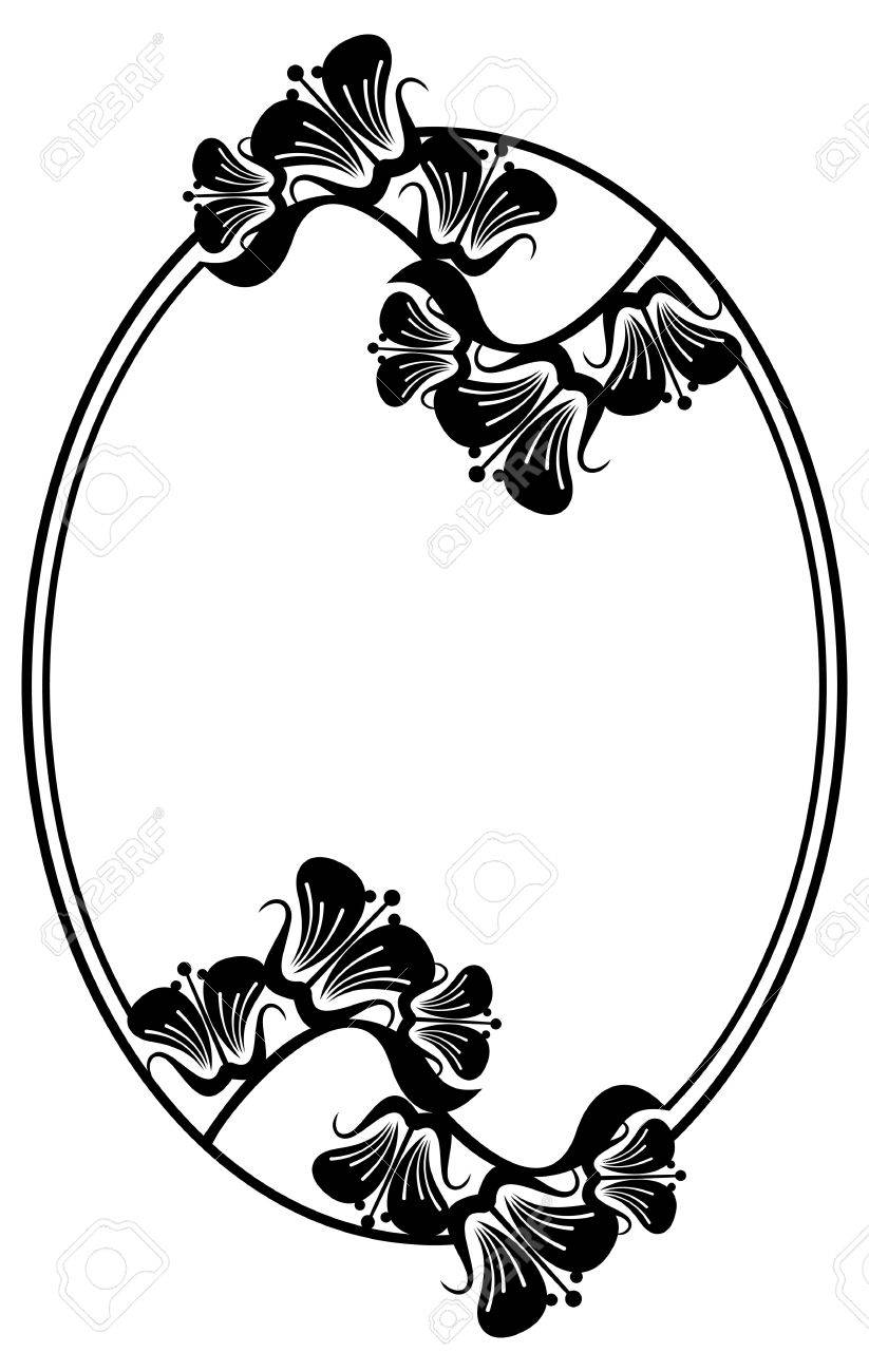 美しいシルエットのフレーム 抽象的な花とシンプルな黒と白の楕円形のフレーム ベクター クリップ アート のイラスト素材 ベクタ Image