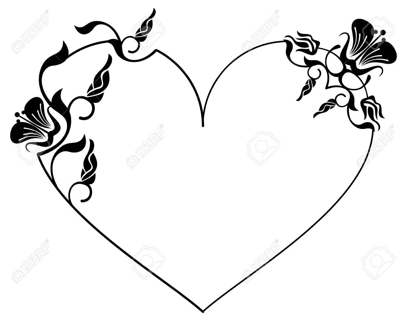 heart shaped silhouette frame with decorative flowers vector