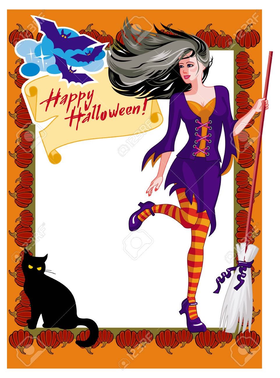 Fille Avec Un Balai En Costume De Sorcière Chat Noir Et La Citrouille Affiche Halloween Vector Clip Art