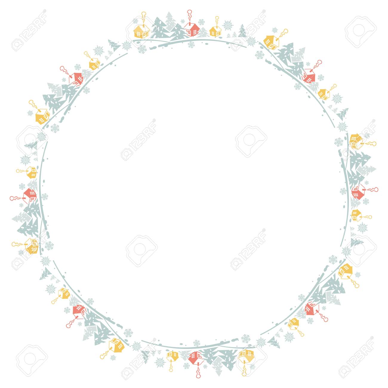 Round Frame With Winter Houses Forest Snowflakes Vector Clip Royalty Free Cliparts Vectors And Stock Illustration Image