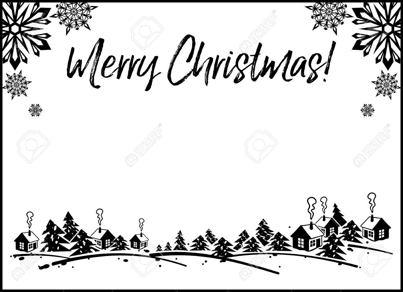 黒と白のシルエット フレーム ウィンター ビレッジとあいさつ文 メリー クリスマス 森 雪 ベクター クリップ アート のイラスト素材 ベクタ Image