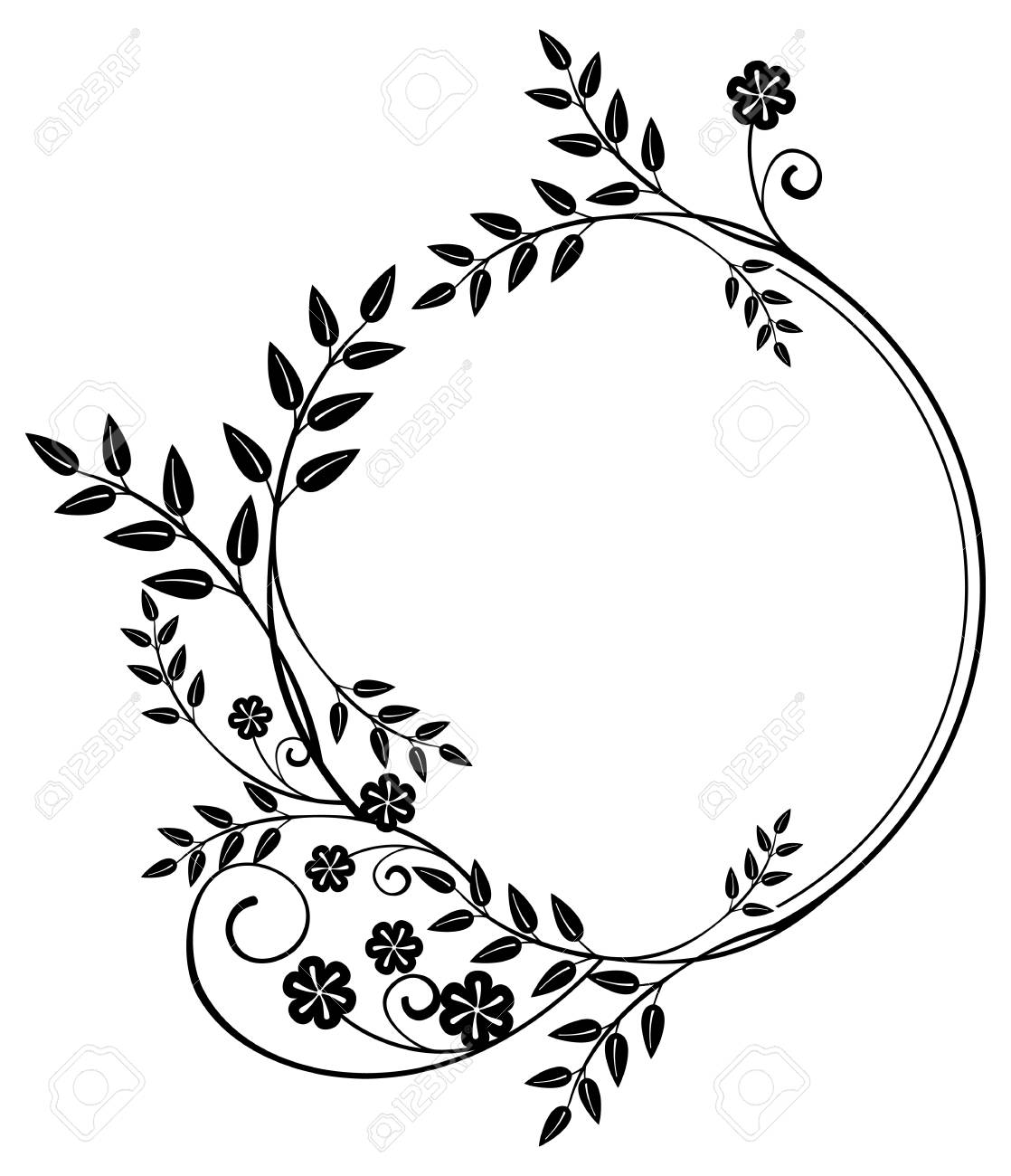 黒と白の花のシルエット フレームをラウンドします 領域をコピーします ベクター クリップ アート のイラスト素材 ベクタ Image