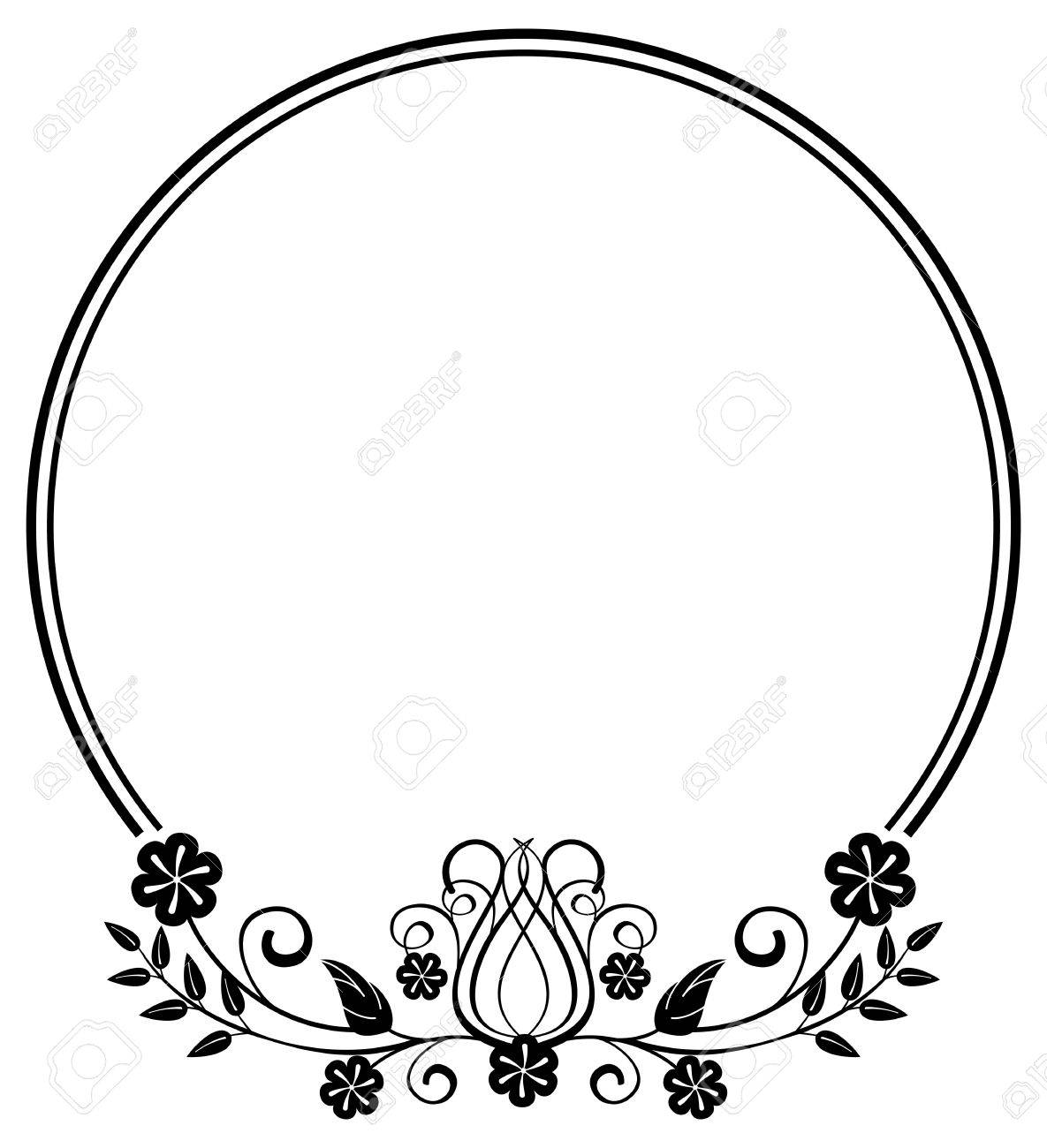 Black And White Round Frame With Floral Silhouettes Copy Space