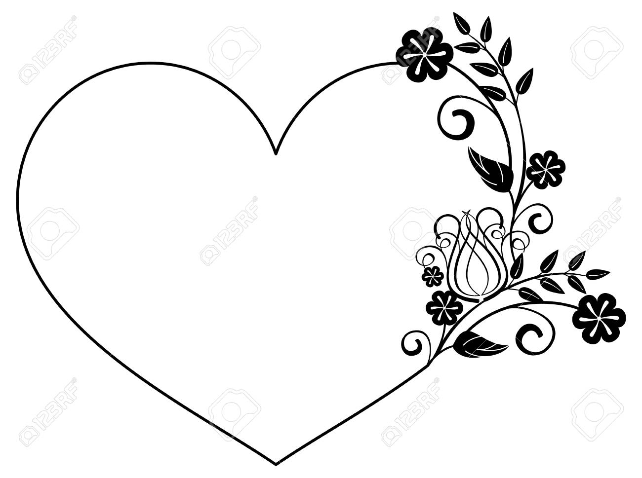 ハートの花のシルエットを持つ黒と白のフレーム のイラスト素材 ベクタ Image