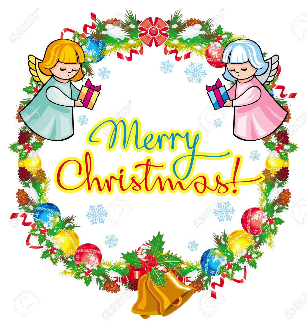 ラウンド休日ラベル装飾品や天使 芸術的な文章 メリー クリスマス と テキスト 写真や画像に空きクリスマス フレーム 正月飾りのデザイン要素です ベクター クリップ アート のイラスト素材 ベクタ Image