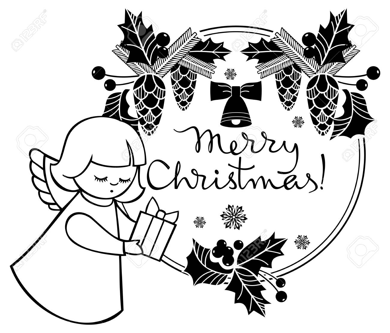 black and white christmas label with angel and artistic written text - When Was White Christmas Written black and white christmas label with angel and artistic written text - When Was White Christmas Written