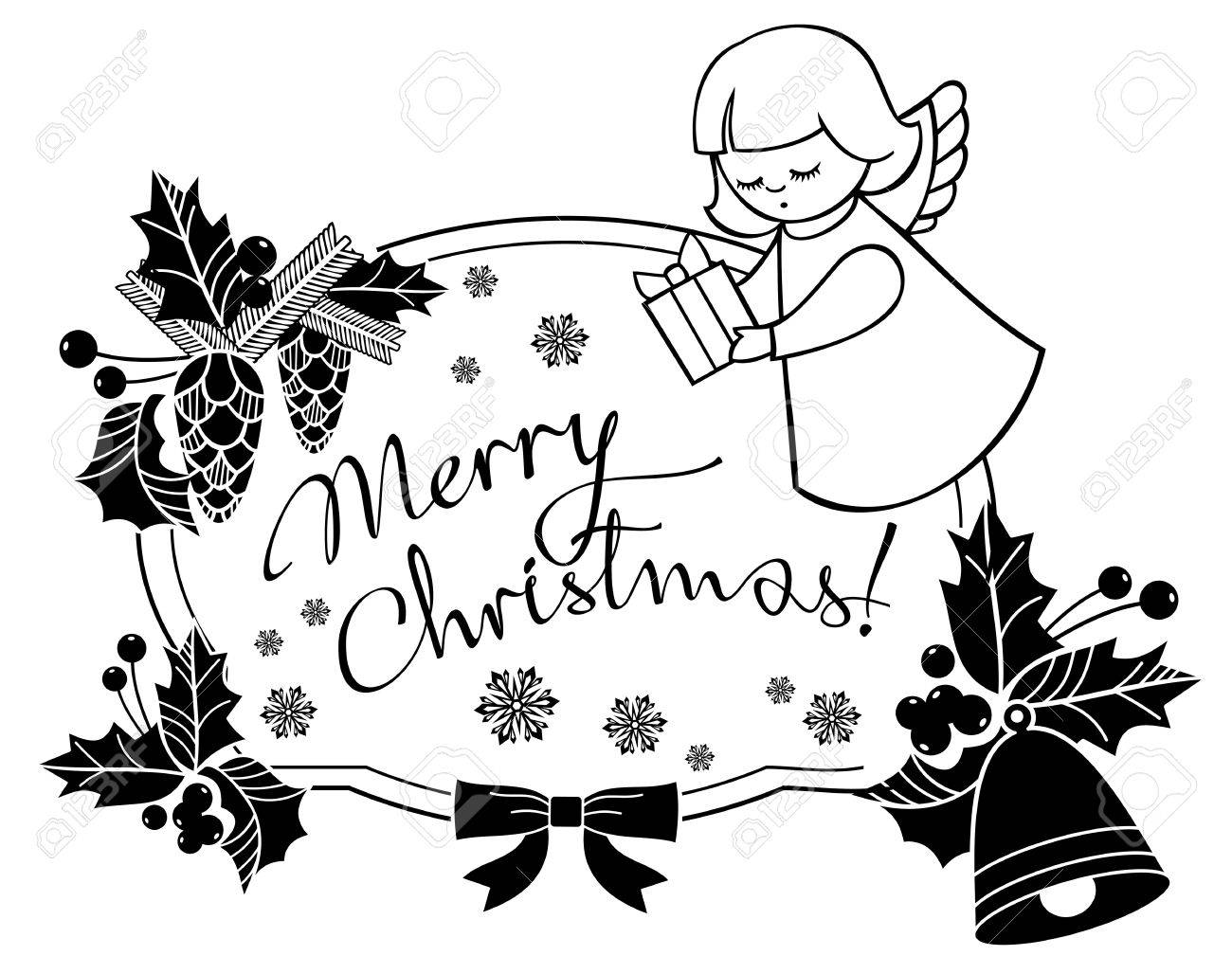 Schwarzweiss Weihnachtsaufkleber Mit Engeln Und Kunstlerischem Geschriebenem Text Frohe Weihnachten Weihnachtsferienhintergrund Vektorclipart Lizenzfrei Nutzbare Vektorgrafiken Clip Arts Illustrationen Image