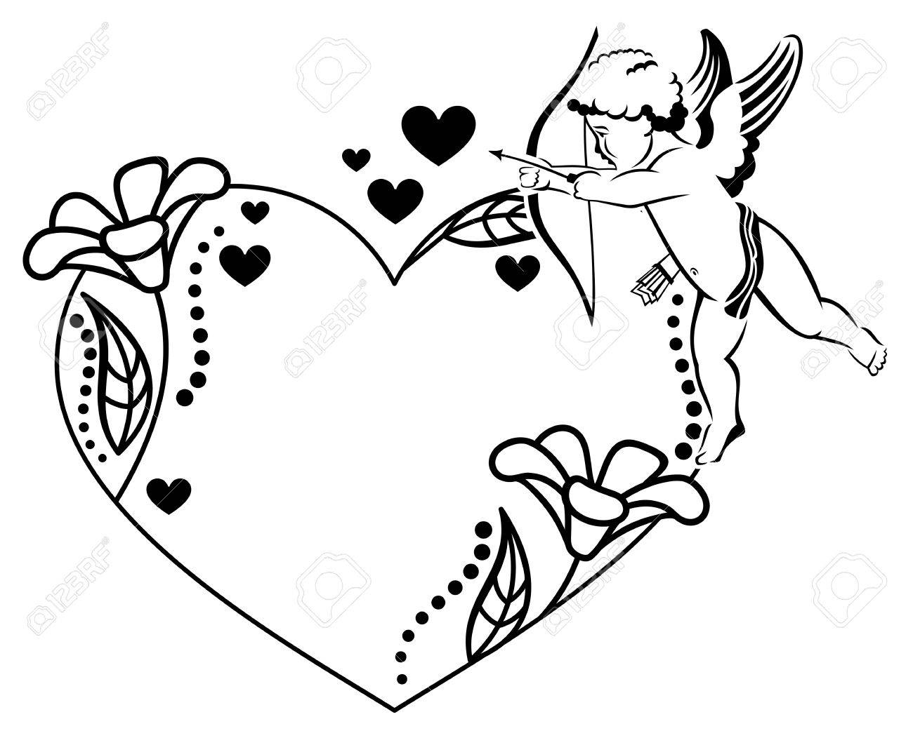 Black And White Heart-shaped Valentine Frame With Cupid. Copy Space. Vector Clip  Art. Royalty Free SVG, Cliparts, Vectors, and Stock Illustration. Image  67910501., image size:1300x1042