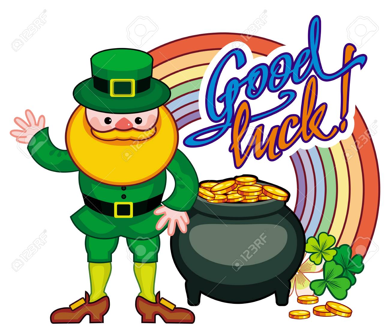 holiday label with shamrock rainbow leprechaun and a pot of
