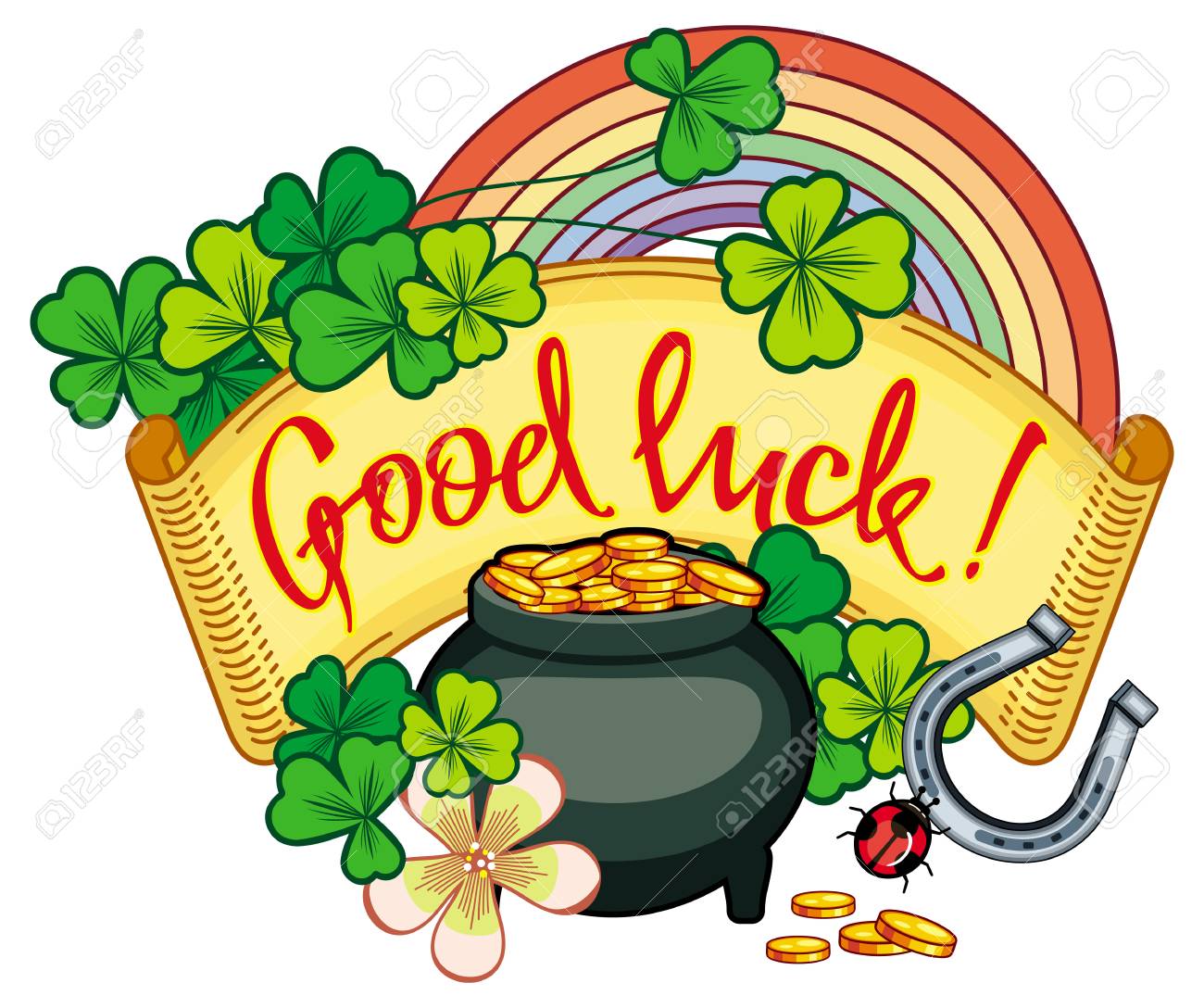 holiday label with shamrock rainbow and leprechaun pot of gold