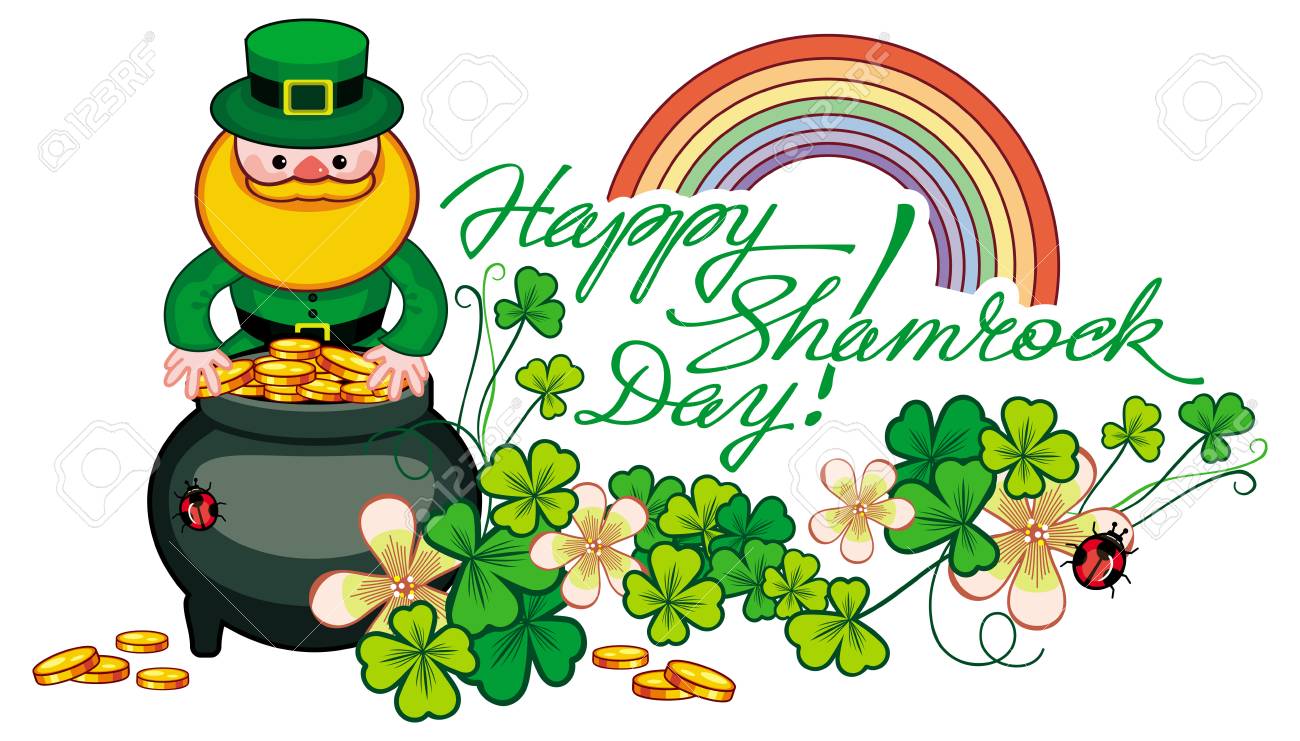 holiday label with shamrock rainbow leprechaun and a pot of