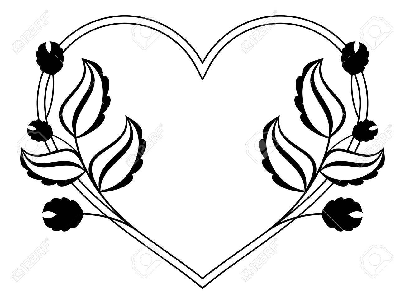 Heart-shaped Black And White Frame With Floral Silhouettes. Copy ...