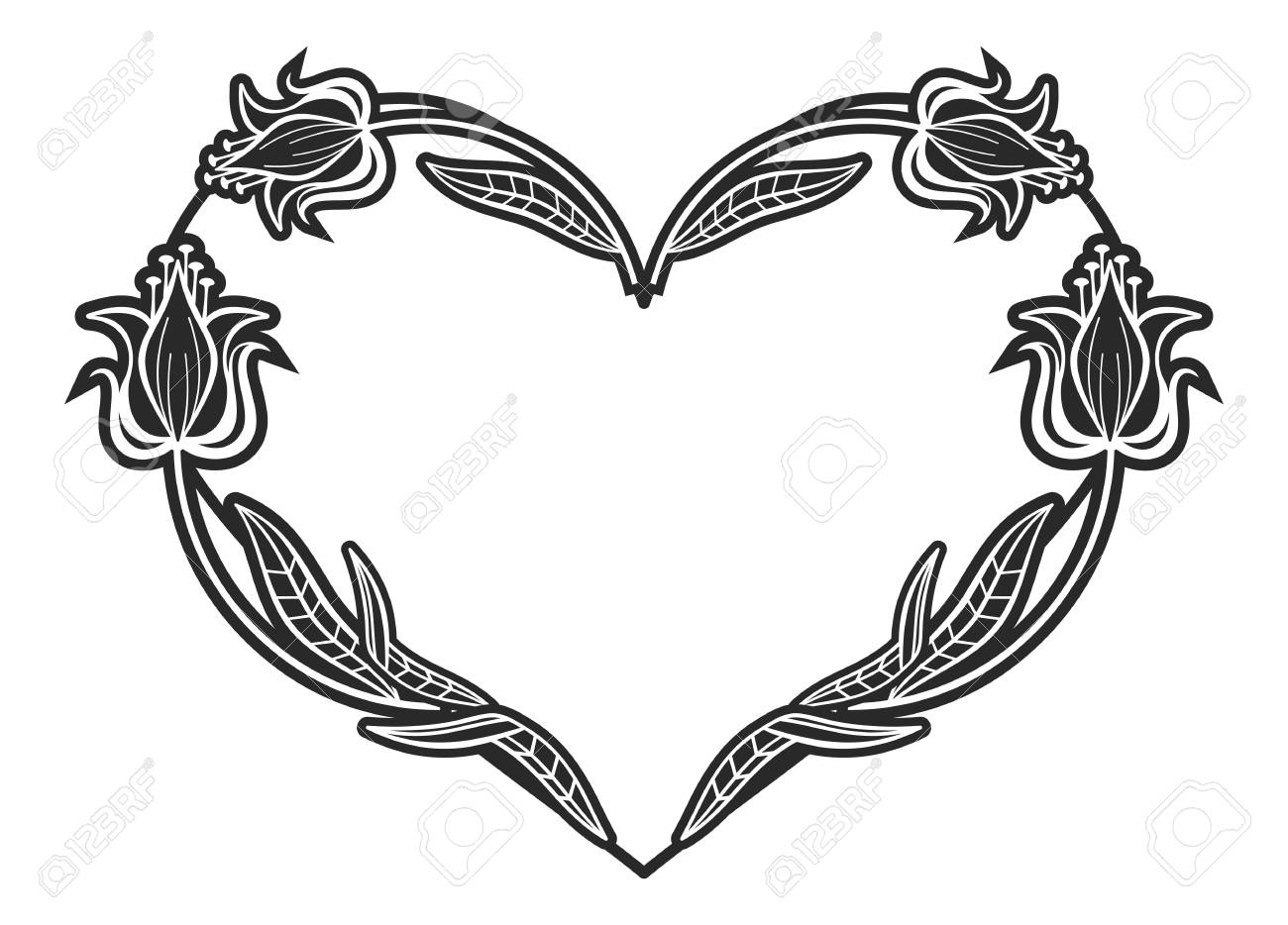 Heart-shaped Black And White Frame With Floral Silhouettes. Copy Space.  Vector Clip Art. Royalty Free SVG, Cliparts, Vectors, and Stock  Illustration. Image 77512031., image size:1300x934
