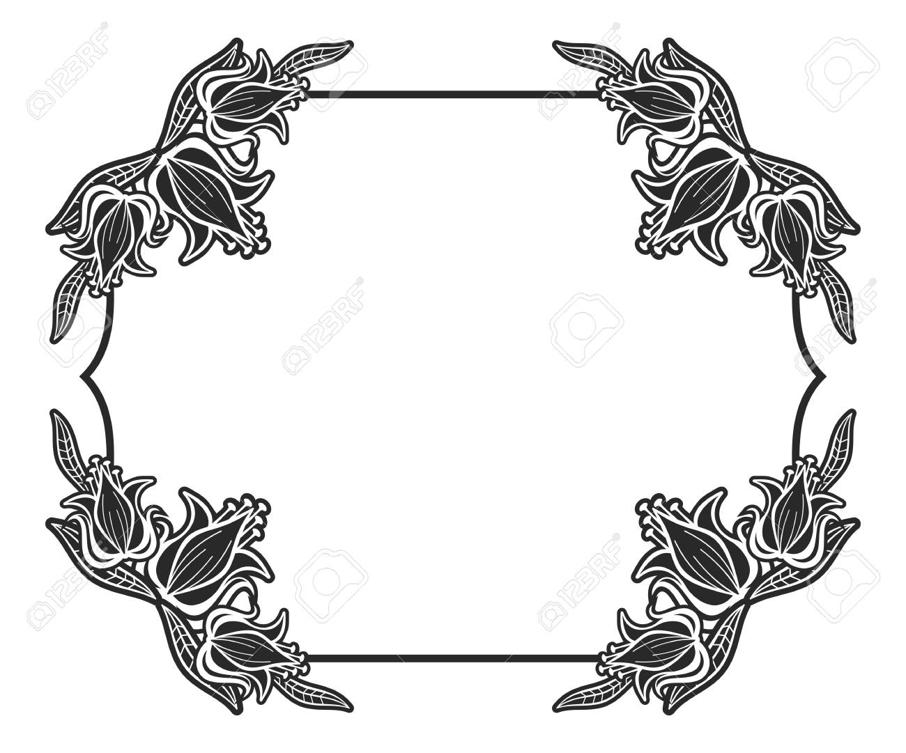 Black And White Outline Label With Decorative Flowers Copy Space