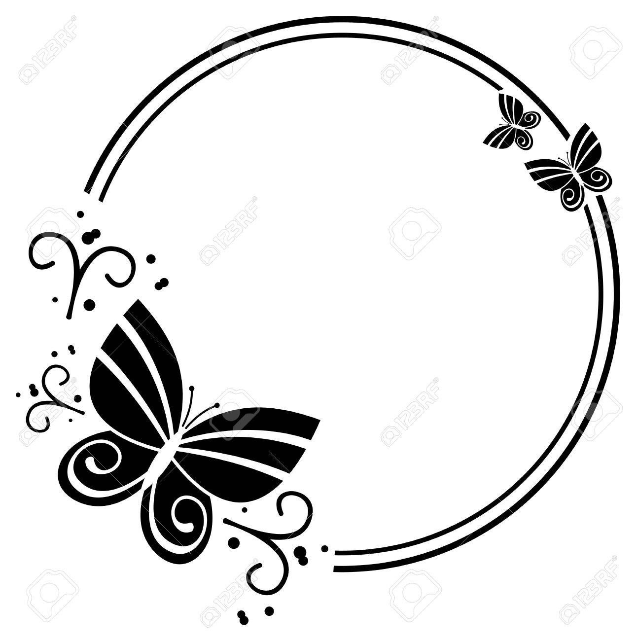 Black And White Silhouette Round Frame With Butterflies Vector