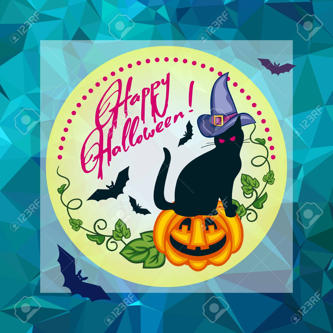 Fond De Mosaique Avec Chat Noir Au Chapeau De Sorciere Citrouille Et Texte Dessine A La Main Happy Halloween Fond D Halloween De Vacances Pour Les Cartes De Voeux Bannieres Mises En Page