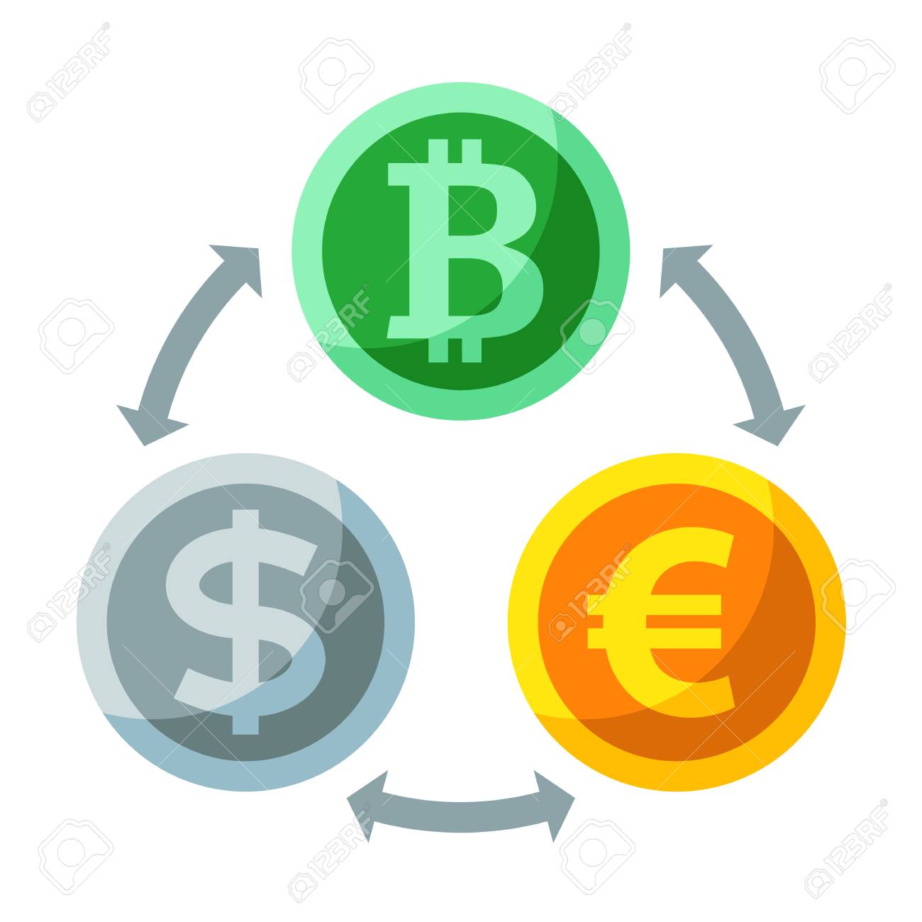 通貨と Cryptocurrency 交換、デジタル支払いシステム フラット アイコン。ドル、ユーロ、bitcoin のシンボル。Web  および商業使用のためのベクトル図。のイラスト素材・ベクター Image 85061975