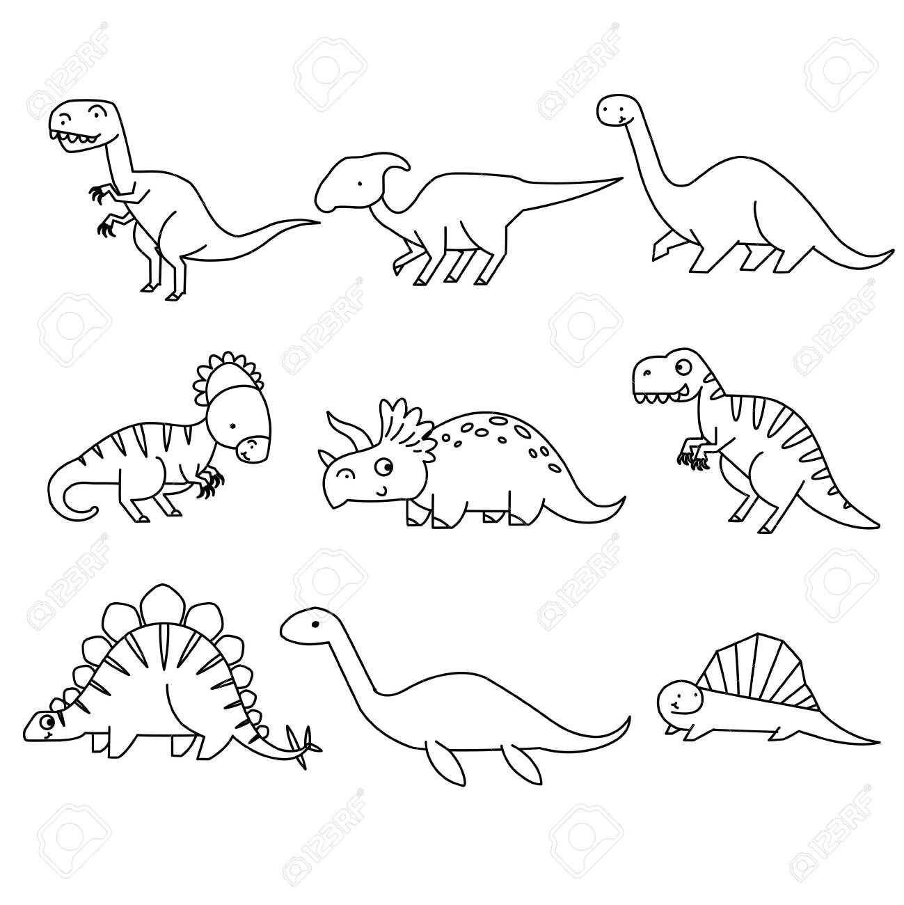 set-of-cartoon-dinosaurs-cute-dino-black-and-white-vector-illustration-for-coloring-book-royalty-free-svg-cliparts-vectors-and-stock-illustration-image-153297493