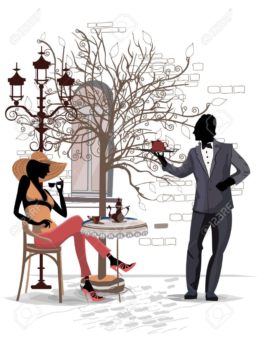 旧市街の人々 と街のシリーズは ファッションの女性がウェイター コーヒーを飲む のイラスト素材 ベクタ Image