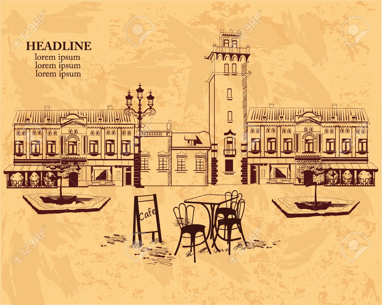 series of backgrounds decorated with old town views and street old brochures