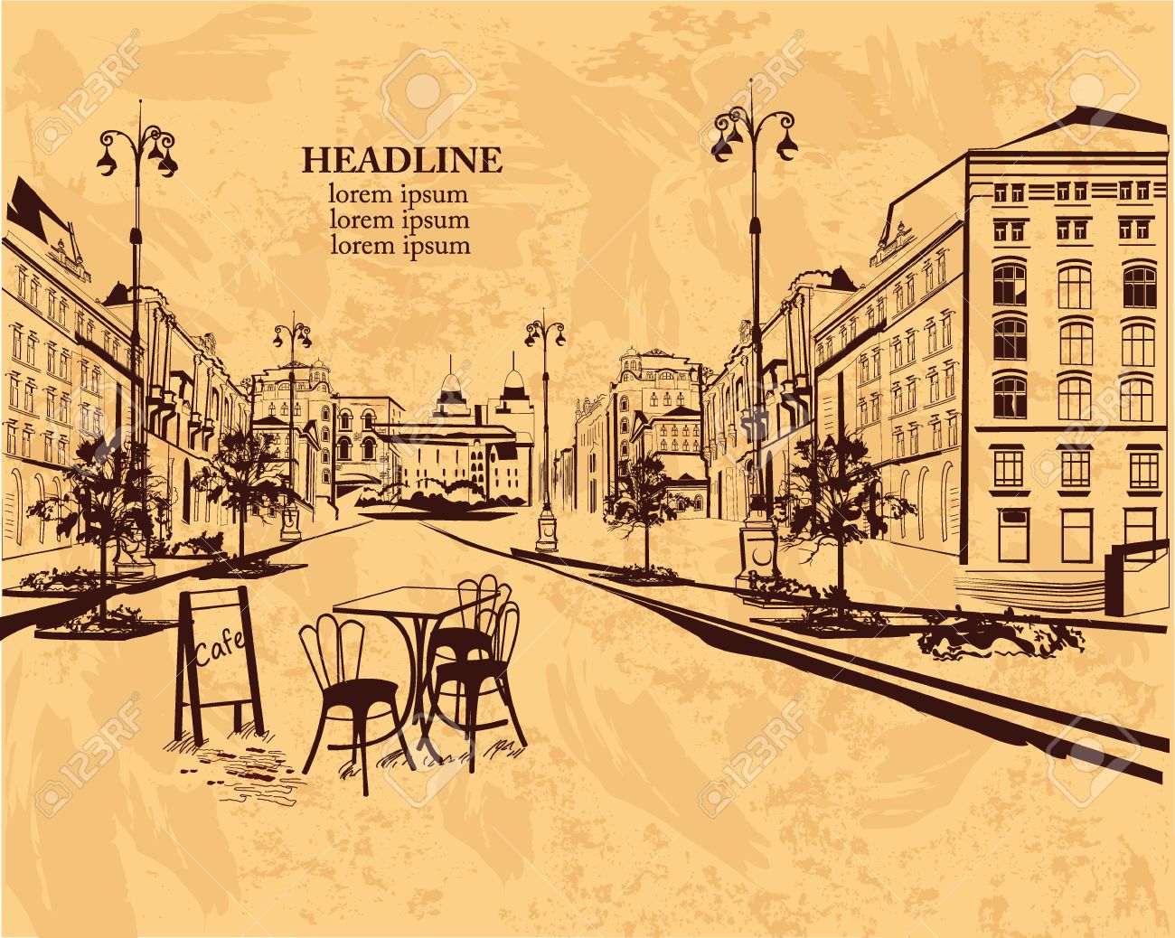 series of backgrounds decorated with old town views and street old brochures