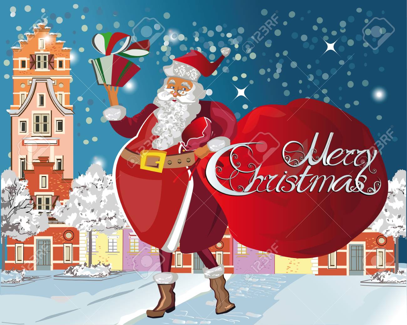 Notte Santa Di Natale.Vettoriale Babbo Natale Con Un Sacco Pieno Di Doni Nella Citta Vecchia Auguri Di Natale Carta Di Sfondo Poster Notte Santa Illustrazione Vettoriale Image 65655123