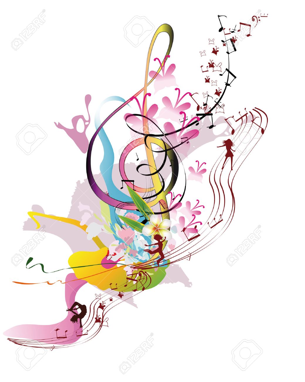 abstract watercolor treble clef with splashes flowers and dancing watercolor treble clef
