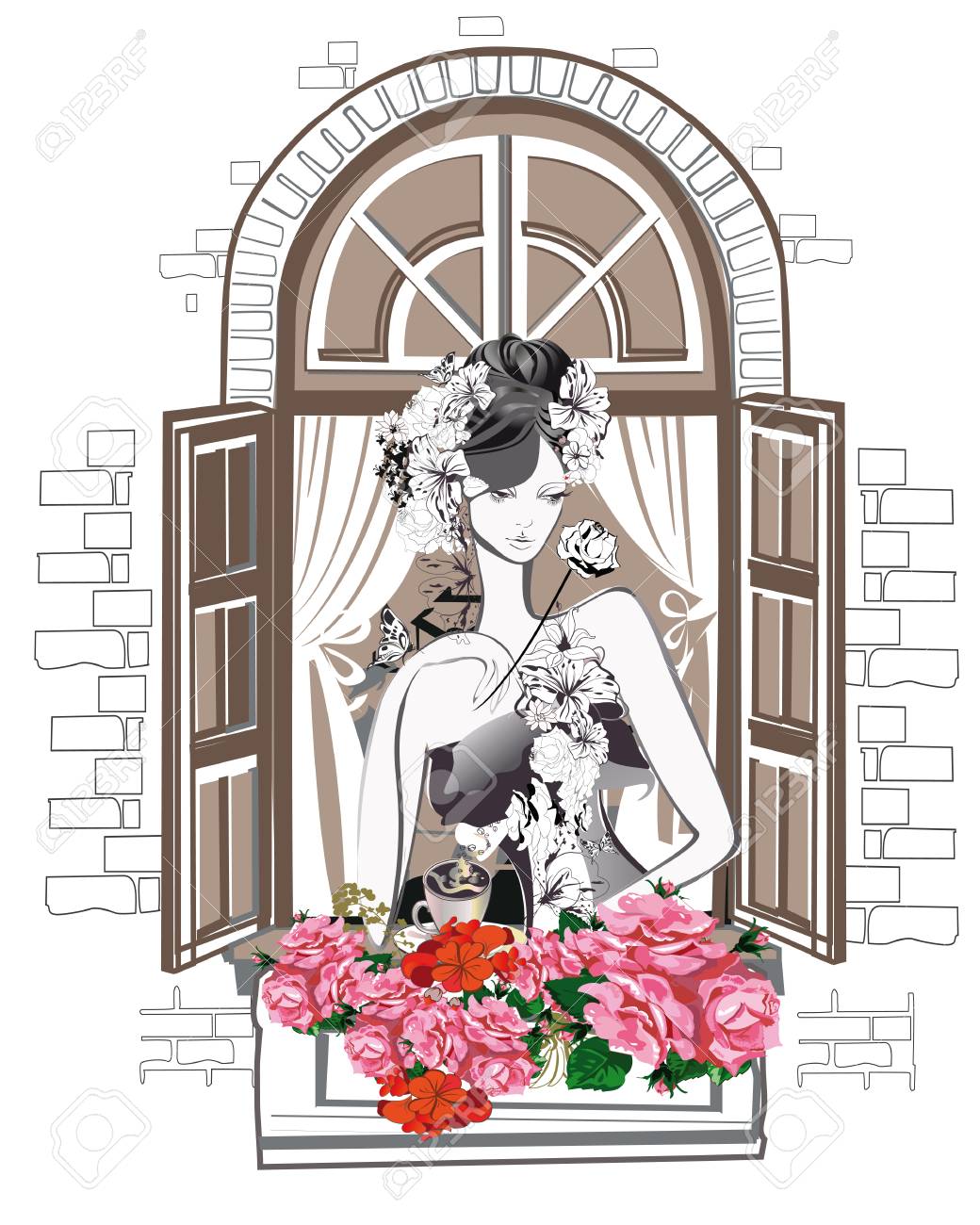 レトロなウィンドウでのコーヒーのカップを持つ抽象的な帽子の花とファッションの女の子 のイラスト素材 ベクタ Image