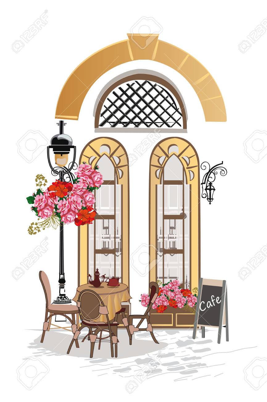 一連の背景の花 旧市街 ストリート カフェ飾られています 手には レトロな窓やカフェ テーブルのベクトル イラストが描かれました のイラスト素材 ベクタ Image