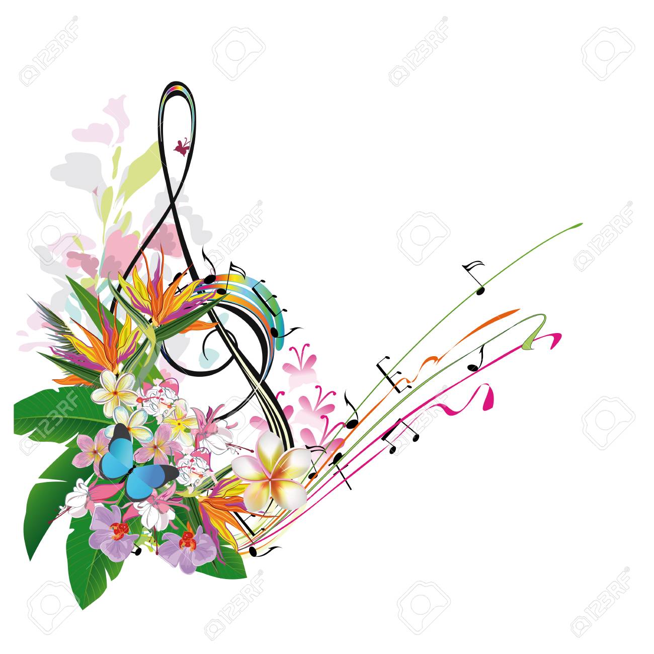 抽象的なト音記号は熱帯の葉と花で飾られました のイラスト素材 ベクタ Image
