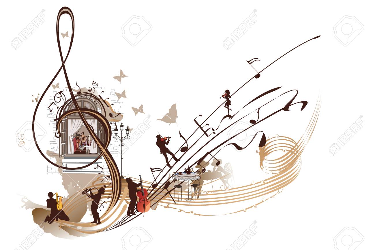 Coffee music. Abstract treble clef decorated with musicians, notes and cafe.Hand drawn vector illustration. - 91548957 Coffee music. Abstract treble clef decorated with musicians, notes and cafe.Hand drawn vector illustration. - 91548957