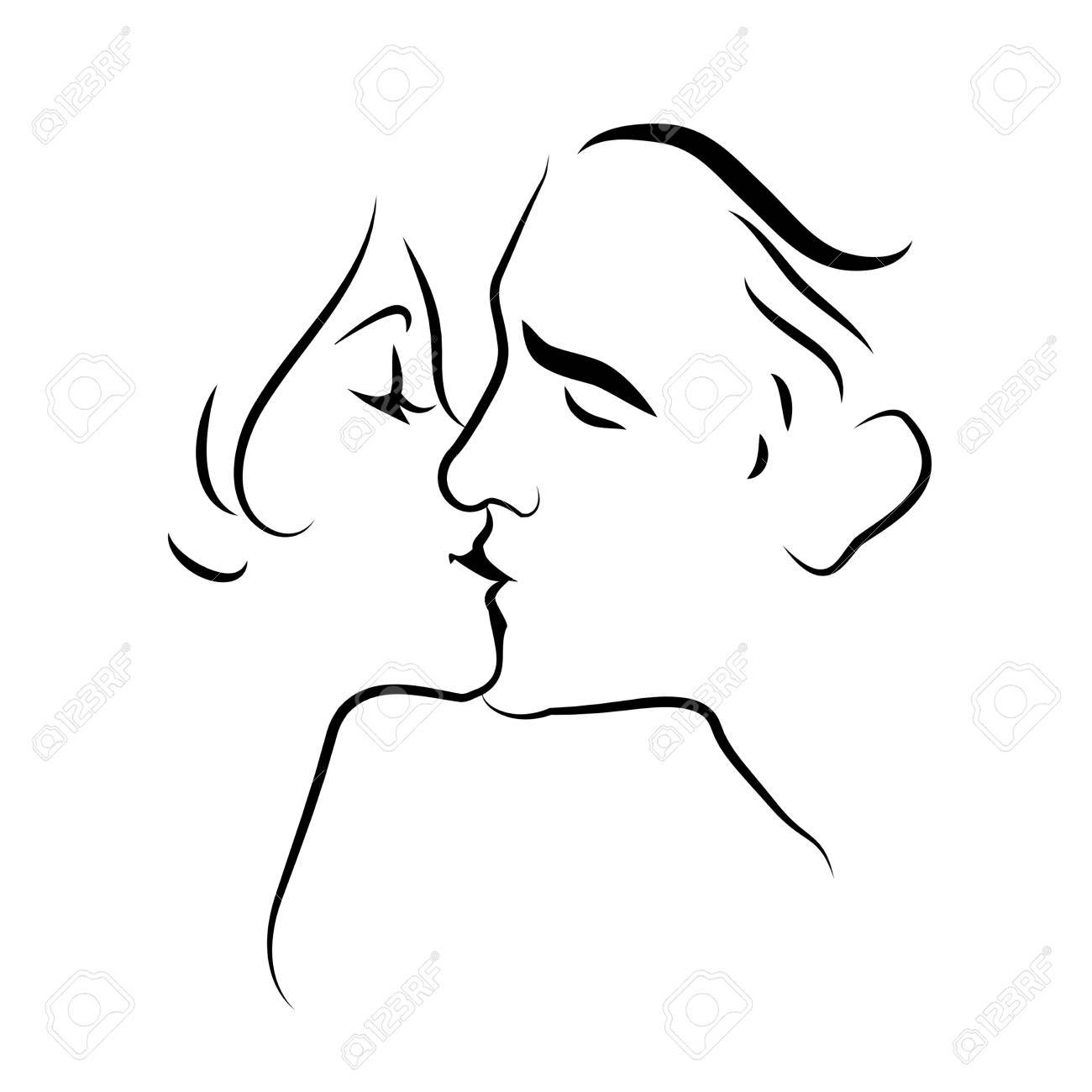 Lovers Kissing. Line Drawing. Vector Illustration Royalty Free ...