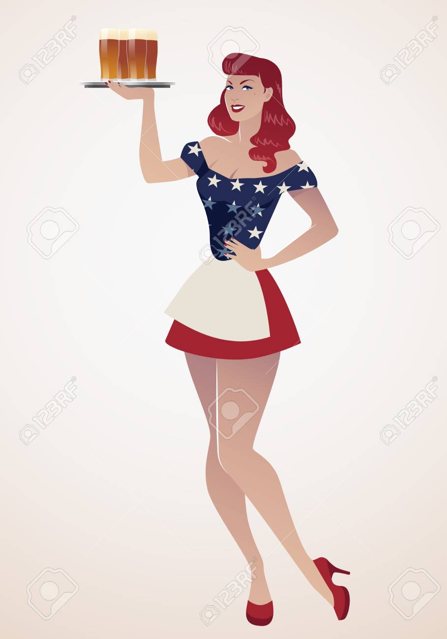 アメリカの国旗の象徴的な衣服を身に着けているビールのグラスとトレイを運ぶセクシーな赤毛のピンナップ ガール のイラスト素材 ベクタ Image アメリカの国旗の象徴的な衣服を身に着けているビールのグラスとトレイを運ぶセクシーな赤毛のピンナップ ガール のイラスト素材 ベクタ Image