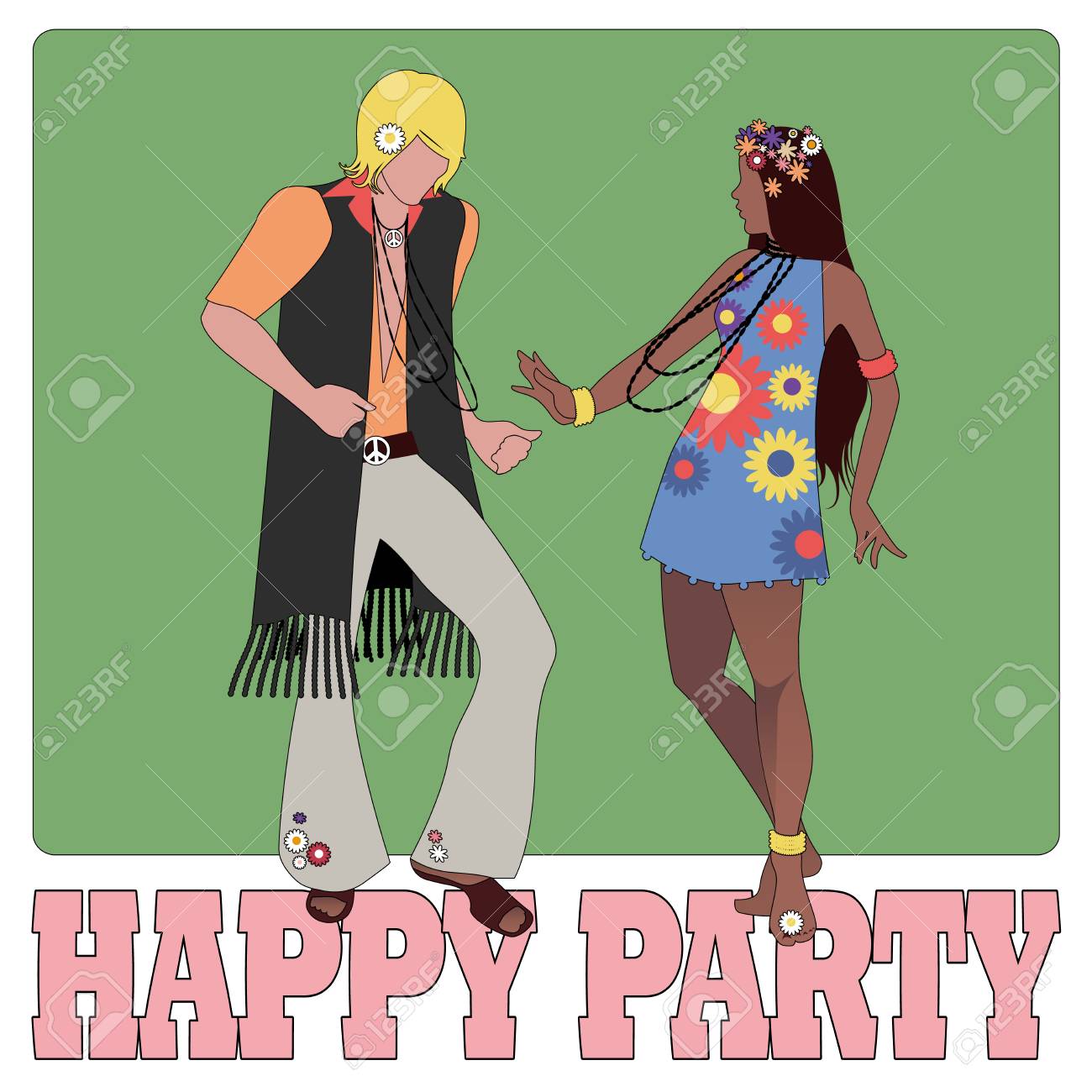 60年代と70年代のヒッピーの服を着た若いカップルが踊る のイラスト素材 ベクタ Image