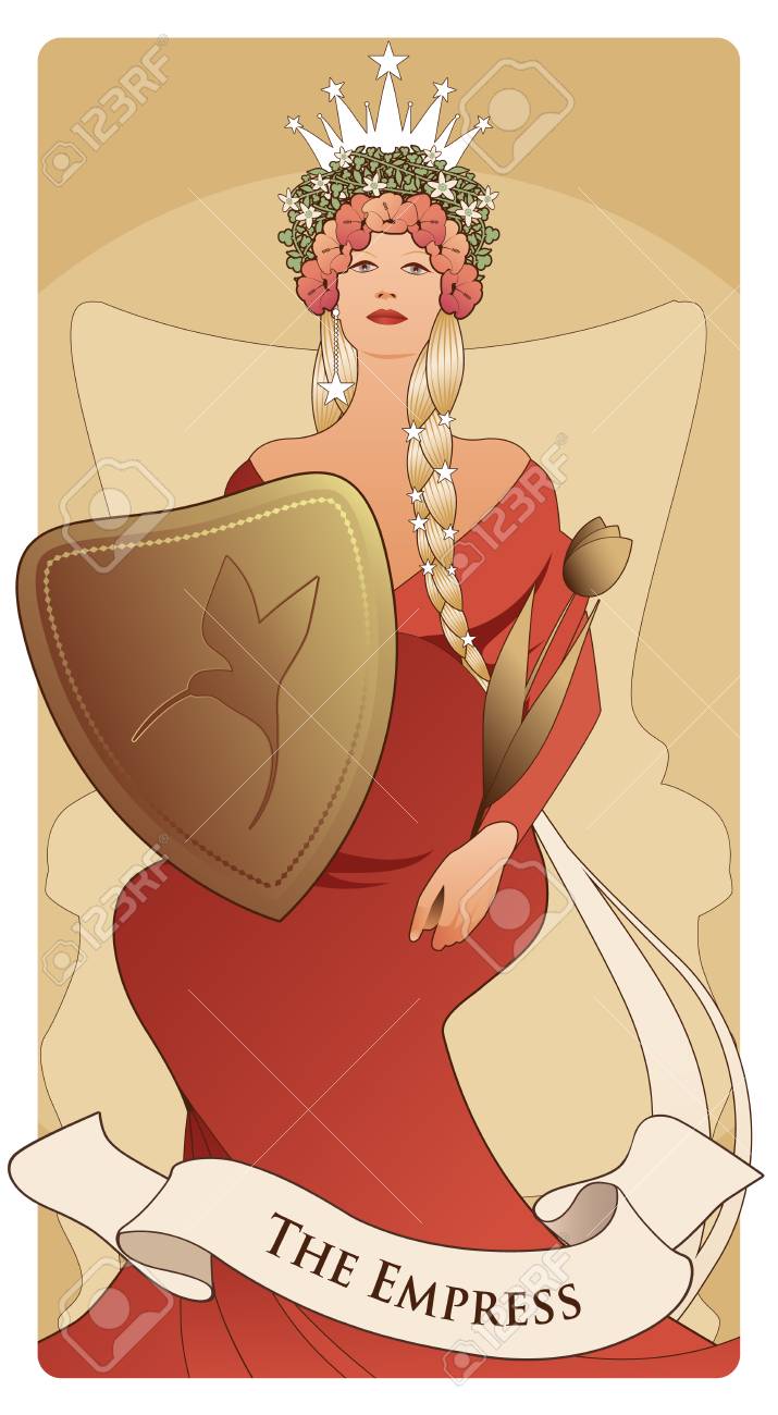 メジャーアルカナタロットカード 皇后 長い三つ編みを持つ美しい女性 妊娠 花と星の冠を持つ王座に座り 前面にハチドリとチューリップのような形をした金色のセプターを持つ盾を持っています のイラスト素材 ベクタ Image メジャーアルカナタロットカード 皇后 長い三つ編みを持つ美しい女性 妊娠 花と星の冠を持つ王座に座り 前面にハチドリとチューリップのような形をした金色のセプターを持つ盾を持っています のイラスト素材 ベクタ Image