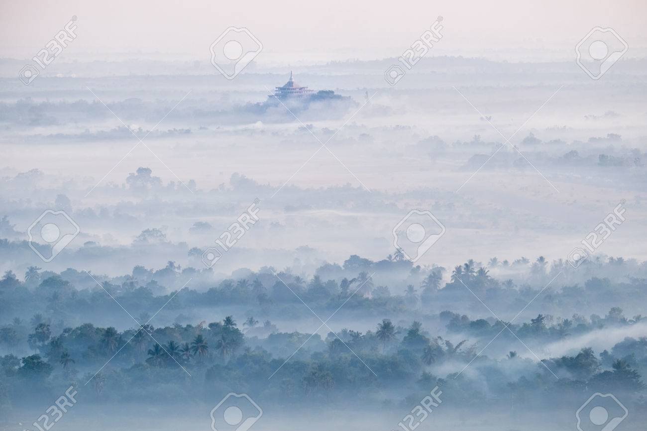 amazing watercolor view of foggy morning landscape with farm stock amazing watercolor