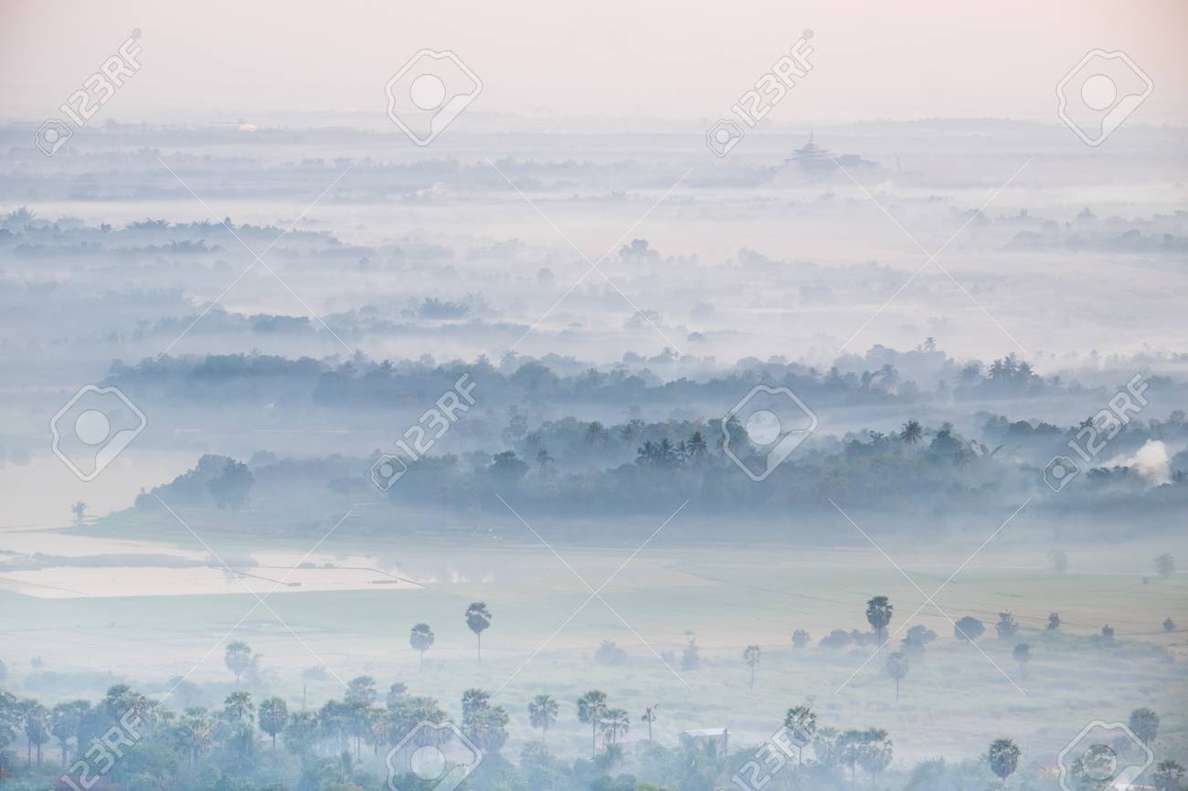 amazing watercolor view of foggy morning landscape with farm stock amazing watercolor