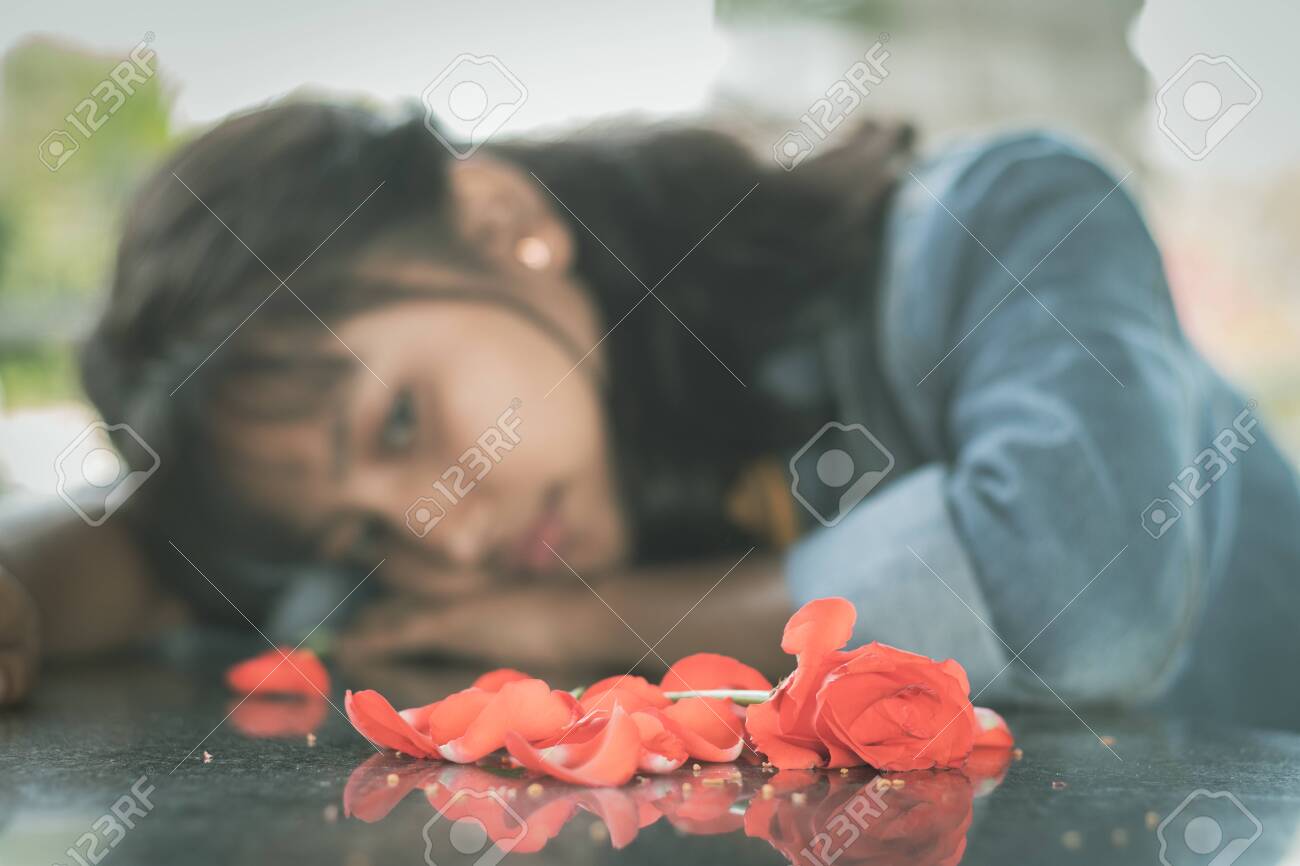 Selective Focus On Red Rose Lonely Young Teenager - Concept Of ...