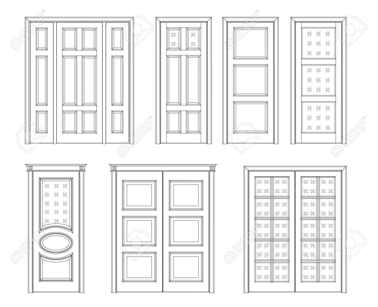 Collection Interior Doors, Technical Drawing. Classic Interior Doors,  Simple Sketch For Your Design Vector Illustration Icon Door. Royalty Free  SVG, Cliparts, Vectors, and Stock Illustration. Image 93877128., image size:1300x1055