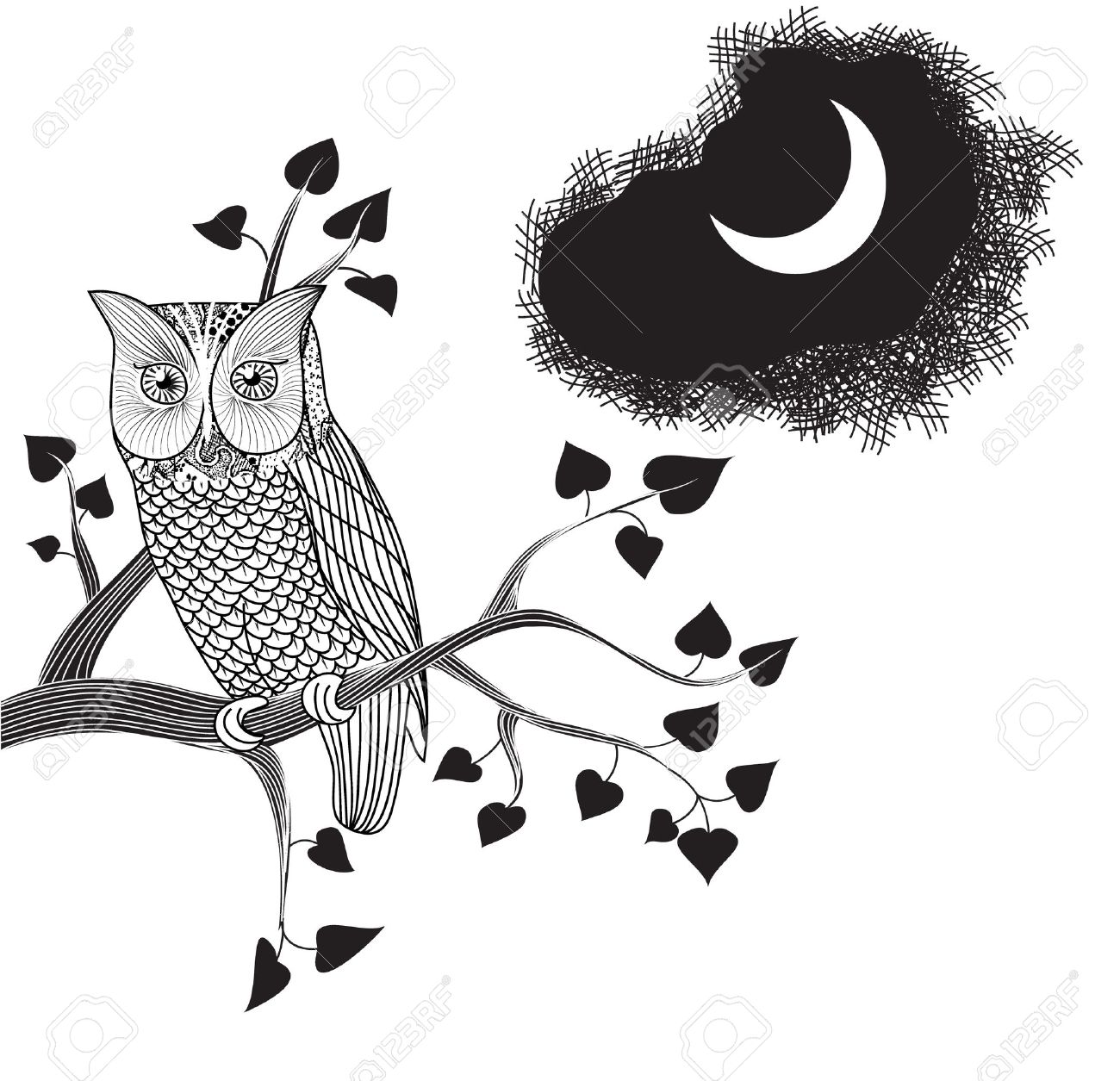 月明かりと鉛筆画 木の枝にとまるフクロウのイラスト素材 ベクタ Image 12403156