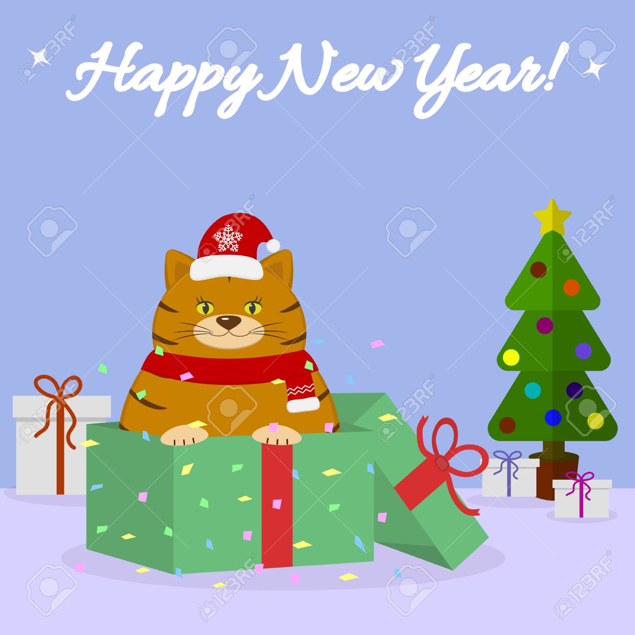 Dessin Anime Mignon Chat Rouge Bonnet De Noel Se Trouve Dans Une Boite De Cadeau De Noel Et Carte De Noel Isole Sur Un Fond Bleu Design Plat Illustration Vectorielle Clip Art