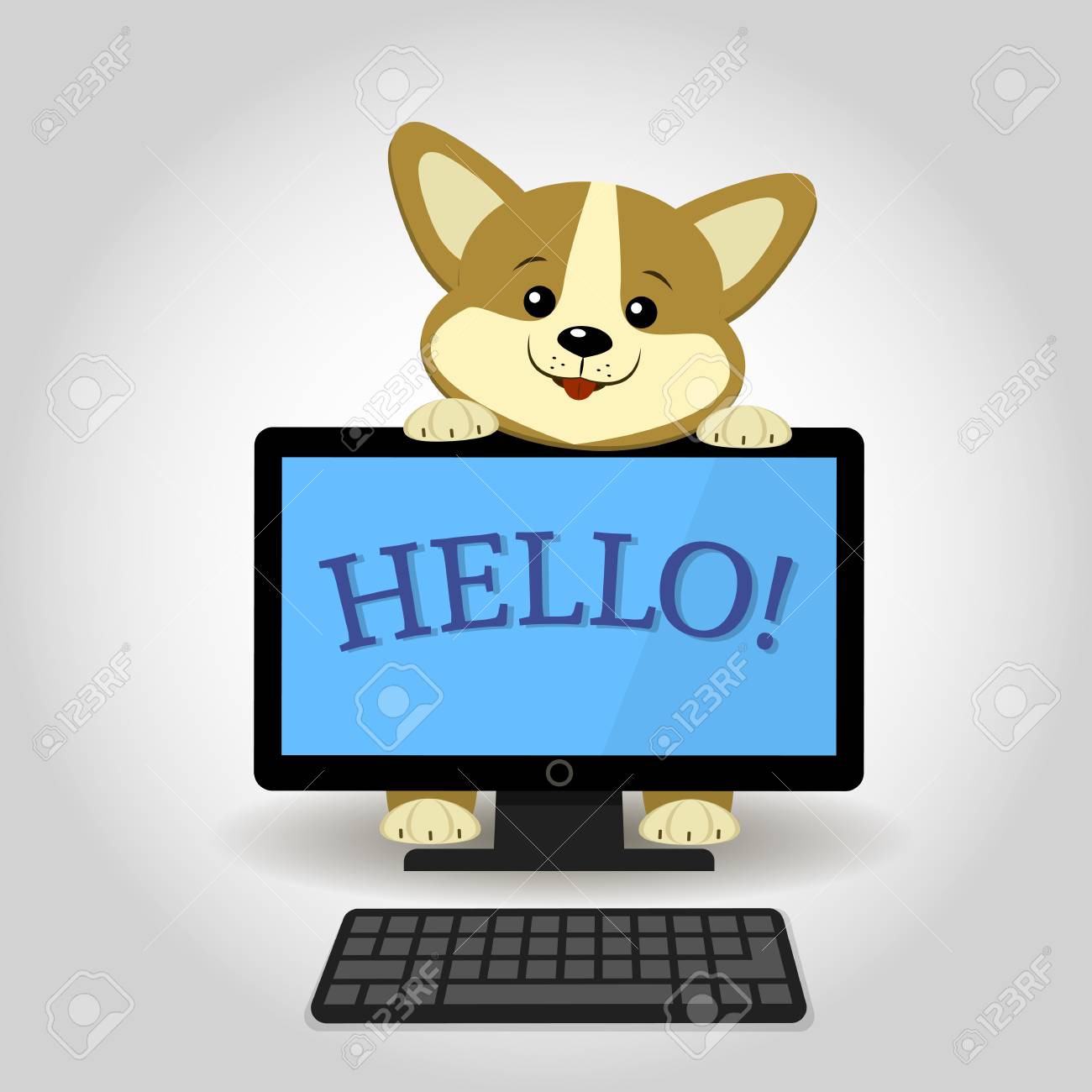かわいいコーギー犬を後ろ単語 Hello 漫画のスタイルで黒のコンピューターからをピークします フラットなデザイン ベクトル イラスト のイラスト素材 ベクタ Image