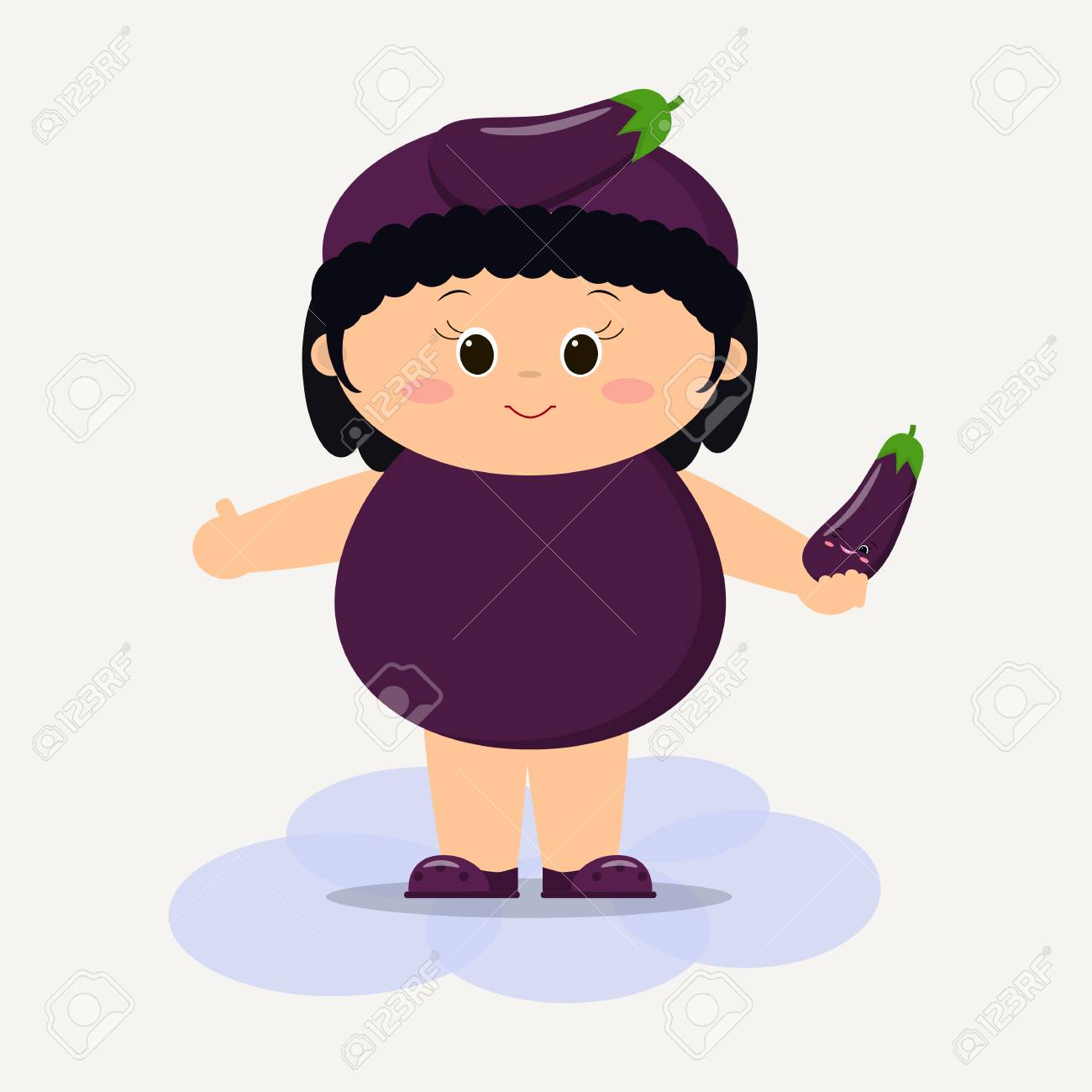 ナスのスーツを着たかわいい子供が野菜を手に持っています のイラスト素材 ベクタ Image
