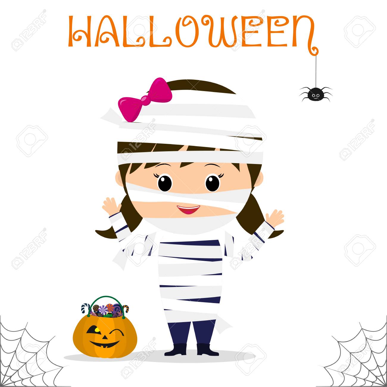Cute Child Dressed In An Egyptian Mummy Costume Pumpkin With Candies Celebrating At A Halloween Party Isolated On A White Background Flat Style Cartoon Vector Royalty Free Cliparts Vectors And Stock Illustration