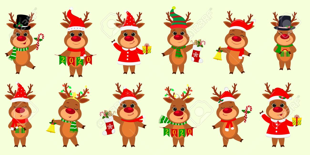 Download Christmas And New Year 2020 A Set Of Twelve Cute Reindeers In Different Costumes With Holiday Accessories On A Background Of Snowflakes Cartoon Flat Style Vector Royalty Free Cliparts Vectors And Stock
