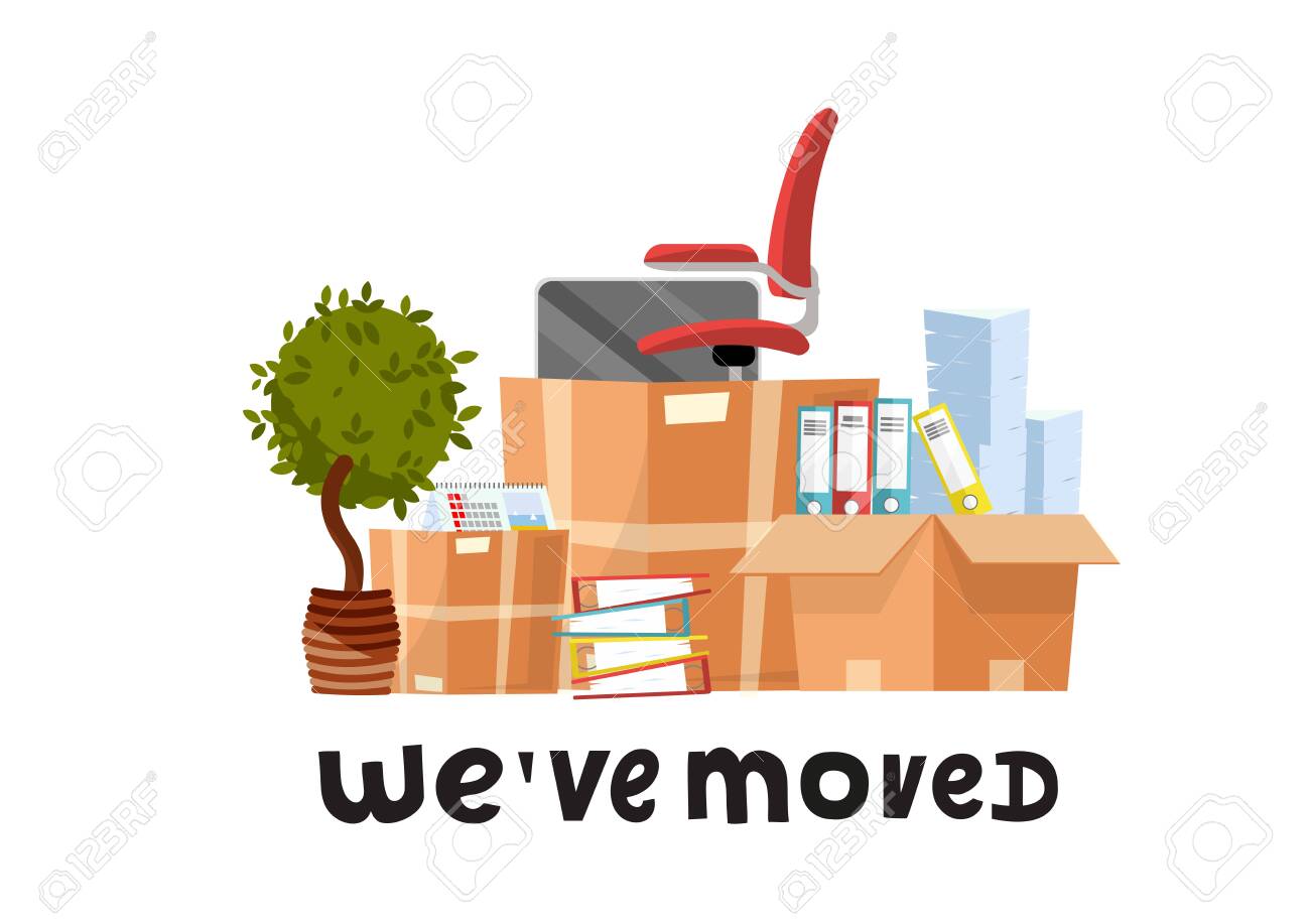 We've moved - hand drawn lettering quote.A lot of open cardboard boxes with office supplies - folders, documents, monitor, red chair on wheels, potted plant.Flat cartoon vector set on white background - 122681859 We've moved - hand drawn lettering quote.A lot of open cardboard boxes with office supplies - folders, documents, monitor, red chair on wheels, potted plant.Flat cartoon vector set on white background - 122681859